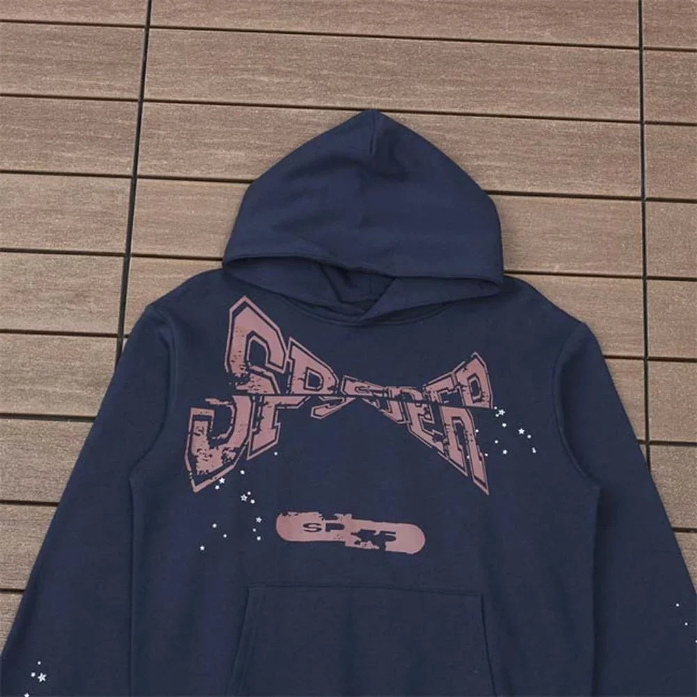 Sp5der Navy Blue & Brown Logo Pullover Hoodie Sweatshirt - Picture 7 of 13